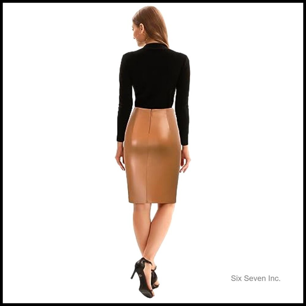 Faux Leather High Waist Wrap Midi Pencil Skirt for Business Casual - Picture 5 of 7